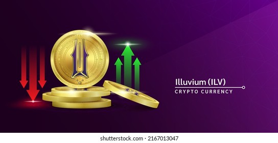 Illuvium token cryptocurrency banner. Future currency on blockchain stock market with red-green arrows up and down. Gold coins crypto currencies. Banner for news on a solid background. 3D Vector.