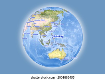 Iloilo City-Philippines is shown on vector globe map. The map shows Iloilo City-Philippines 's location in the world.