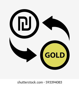 ILS to gold. Currency convert icon. Isolated on white background. Flat vector illustration