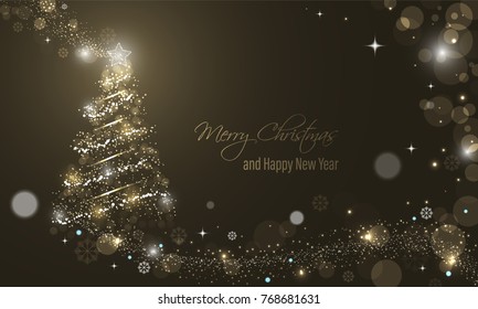 Iluminated Christmas tree with glitter, stars, snowflakes and transparent circles on a winter glowing vector background. Merry Christmas and Happy New Year wishes.