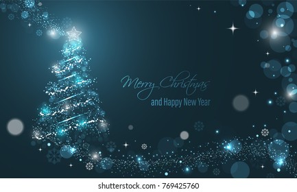 Iluminated Christmas tree with glitter, stars, snowflakes and transparent circles on a blue winter glowing vector background. Merry Christmas and Happy New Year wishes.