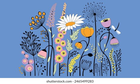 Ilustración flores con fondo azul