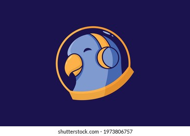 ilustrasi Astronot burung beo yang sedang mendengarkan musik, dengan latar belakang berwarna biru.