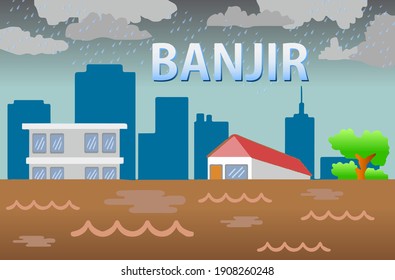 Concepto de texto de ILUSTRASI BANJIR, traducción: ilustración de inundación. vector de desastres de paisajes urbanos
