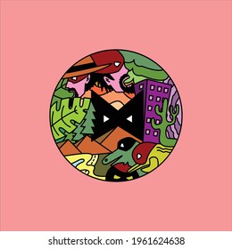 Ilustrasi coretan kartun yang digambar tangan. Desain perjalanan yang lucu. Latar belakang vektor seni kreatif. coretan tangan dengan elemen dan objek. Komposisi warna-warni