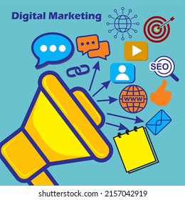 Ilustrasi gaya datar modern megaphone dan ikon yang berbeda untuk konsep Digital Marketing.