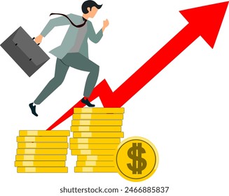Ilustrasi konsep pertumbuhan uang, seseorang berlari menuju kesuksesan sepanjang panah grafik yang meningkat. vektor datar.