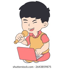 Ilustrasi lucu anak kecil sedang karaoke di depan laptop