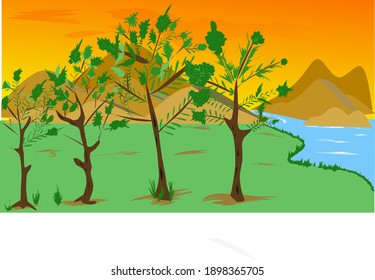 Ilustrasi pemandangan gunung, air dan pohon