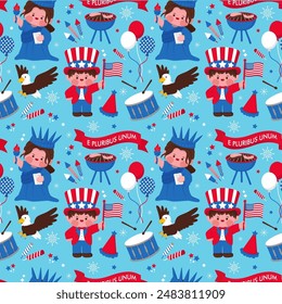 Ilustrasi seamless USA independece day dengan patung Liberty, Paman Sam, Elang, ribon dengan tulisan "E Pluribus Unum", drum band, topi pesta, balon, confetti, dan bbq.