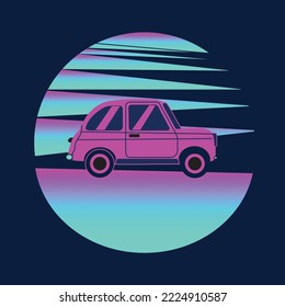 Ilustrasi vektor dari mobil klasik dalam gaya neon retro. Entwerfen Sie ein T-Shirt, Aufkleber oder Poster.