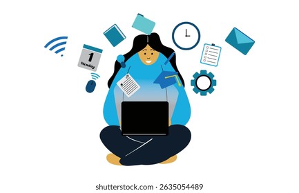 ilustrasi wanita sedang melakukan pembelajaran digital,Knowledge For All,flatillustrasi ,vector eps 10