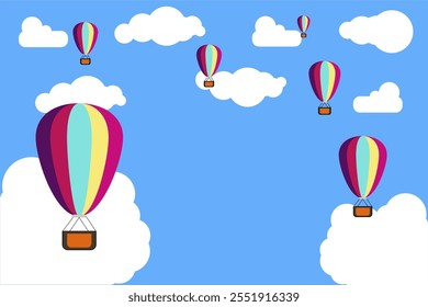 Ilustración, globos de aire caliente de colores flotando entre nubes blancas en un cielo azul brillante. Perfecto para viajes, aventuras o diseños con temas de naturaleza que requieren un ambiente alegre e inspirador.