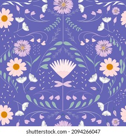 Ilustrated Floral With very peri color Seamless Pattern. Trendy color for fashion, fabric, print and much more. 