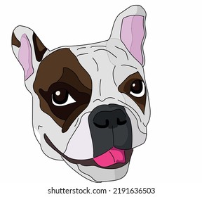 An ilustratet Head. It is the head of an French bulldog. The Dog has brown stains around the eyes and the dog is smiling.