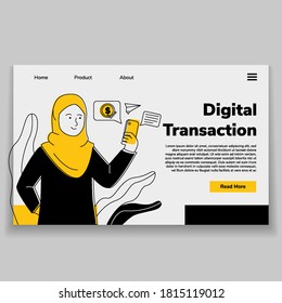 Ilustration Arabian Hijab Women Transaction With Phone Web UI Landing Page