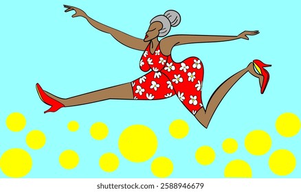 Ilustration black old flexible woman doing ballet jumps in heels and living life to the fullest.eps
