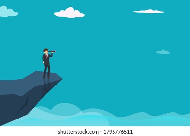 Ilustration of a businessman looking through telescope, businessman stand up cliff. Business concept illustration vector.