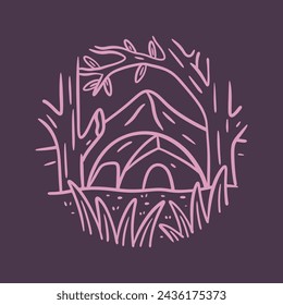 Ilustración de camping en un bosque, diseño de línea mono para insignia, camiseta, pegatina, arte vectorial de insignia