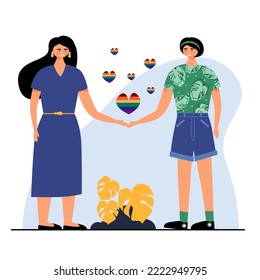 Ilustration character of young lesbian couple hold hand and falling in love. Lgbt concept vector ilustration.