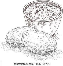 Ilustration Chole Bhature: Indian dish spicy Chick Peas curry also known as Chole or Chana Masala is traditional North Indian main course recipe and usually served with fried puri / Bhature.Sketch.