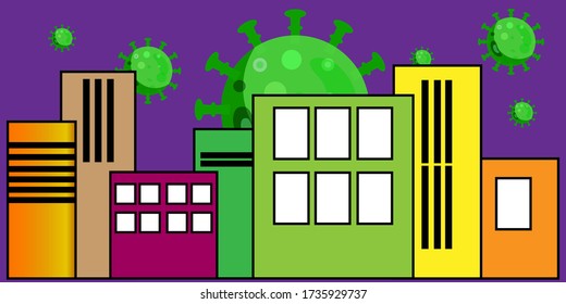 Ilustration of city lock down because of corona virus. People must stay at home and work from home to avoid epidemic covid19.
