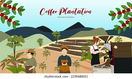 Ilustration of coffee farming, plantation and roastery