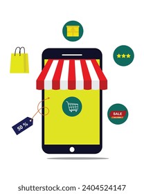 Ilustration concept of online shopping on social media, Online shopping store with mobile