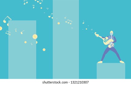 Ilustration of a corporate guitarist standing on the graph and 
playing the  yellow dollar sign shaped guitar. The music makes money coins and music notes in the air.