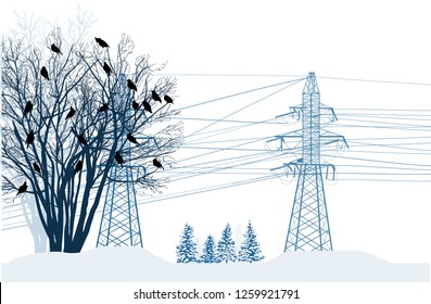 ilustration with electric pylons with birds isolated on white background