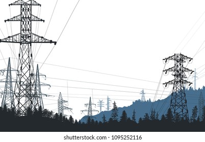 ilustration with electric towers between trees isolated on white background