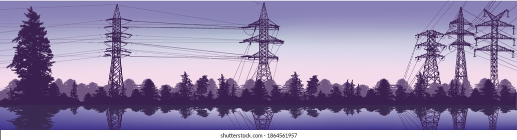 ilustration with electric towers between trees on lilac background