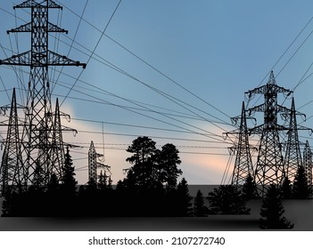 ilustration with electric towers between trees on blue sky background