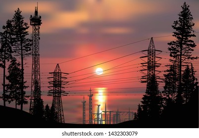 ilustration with electric towers in forest at sunset