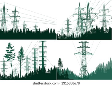 ilustration with electric towers group isolated on white background