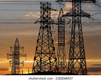 ilustration with electric towers group near buildings at sunset