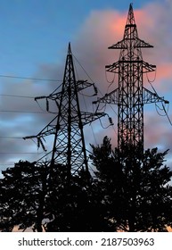 ilustration with electric towers group near trees at sunset