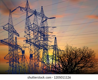 ilustration with electric towers groupnear bare tree at sunset