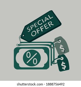 Oferta especial de etiquetas planas de ilustración para promocionar su tienda de productos.
