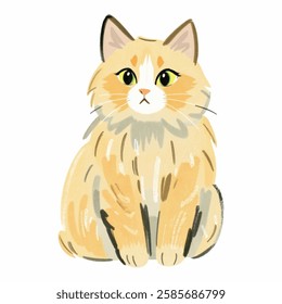 Ilustration of a fluffy cat sitting with a curious expression, drawn with soft hand drawn strokes and warm colors, isolated on a white background.