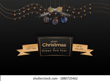elegante promoción de venta de banners de año nuevo en oro y vector libre de negro