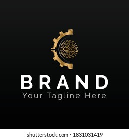 ilustration graphic vector of gold and black gear c techno logo for technology company free vector