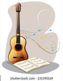 Ilustration of a guitar with a musical book on a white background