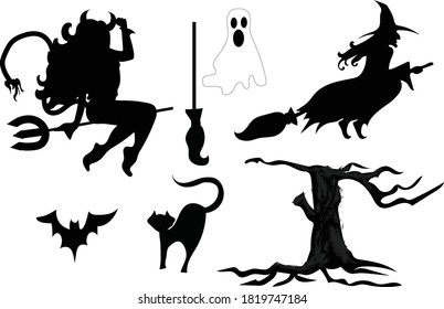  ilustration halloween, black silhouette with witch, devil girl and cat