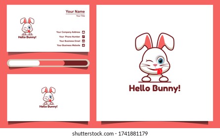 ilustration hello bunny logo design and business card design template. suitable for creative company, pet, animal care, love rabbit comunity, and more.