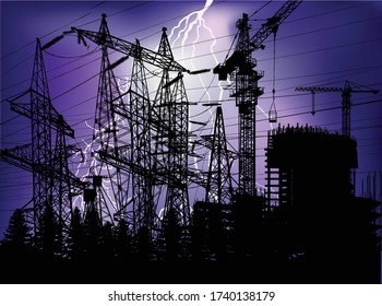 ilustration with high voltage line at thunderstorm