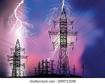 ilustration with high voltage line at thunderstorm