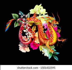 
Ilustration isolated on black. Drawing of Chinese dragon and flowers around. Vector- stock.