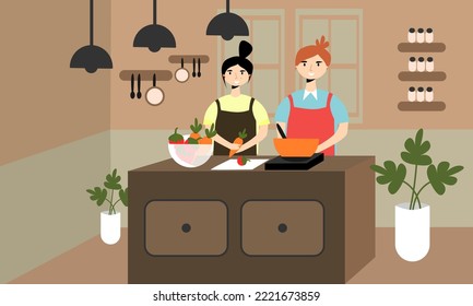 Ilustration of lesbian couple cooking together. Lgbt couple cook food together on the Kitchen.