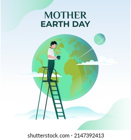 ilustration of a man climbing a ladder and holding a plant on earth day